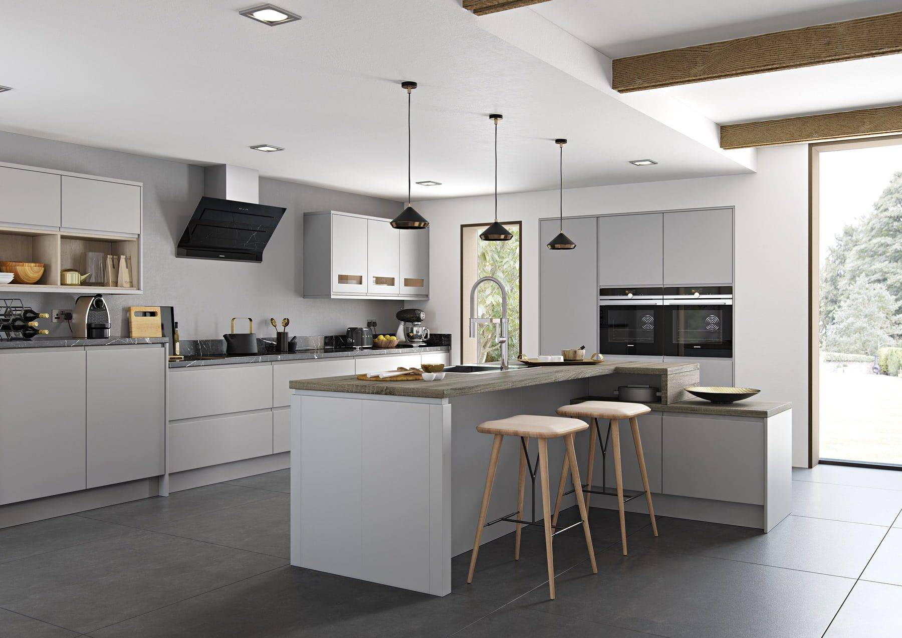 Strada Matte Light Grey L Shaped Kitchen With Island 1 | Colourhouse Interiors, Caterham