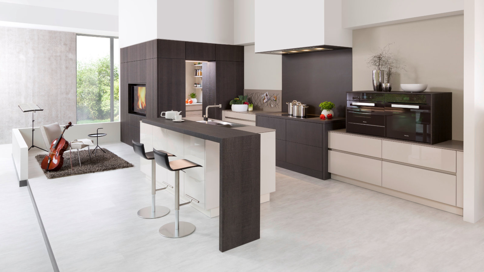 Rempp Dark Wood White Gloss Modern Handleless Open Plan Kitchen With Island | Such Designs, London
