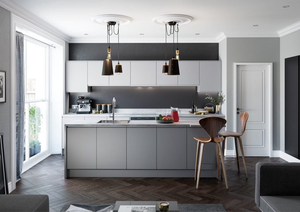 Strada Matte Light Grey And Dust Grey Handleless Kitchen | Colour House Interiors, Caterham